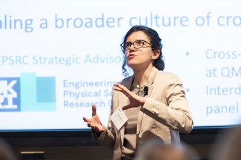 Natasha Blitvic speaking at the Pivot Fellows meeting. Michael Lisnet/Simons Foundation